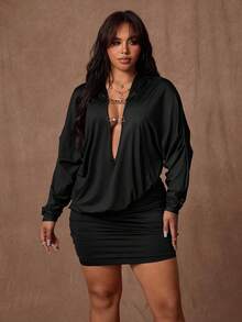 Rustia Plus Size Fashionable Sexy Deep V Bodycon Dress - Black - View 1