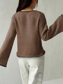 Jeanoix Áo khoác cardigan tay chuông viền màu tương phản thường ngày dành cho nữ, Thu/Đông - màu nâu - Xem 2