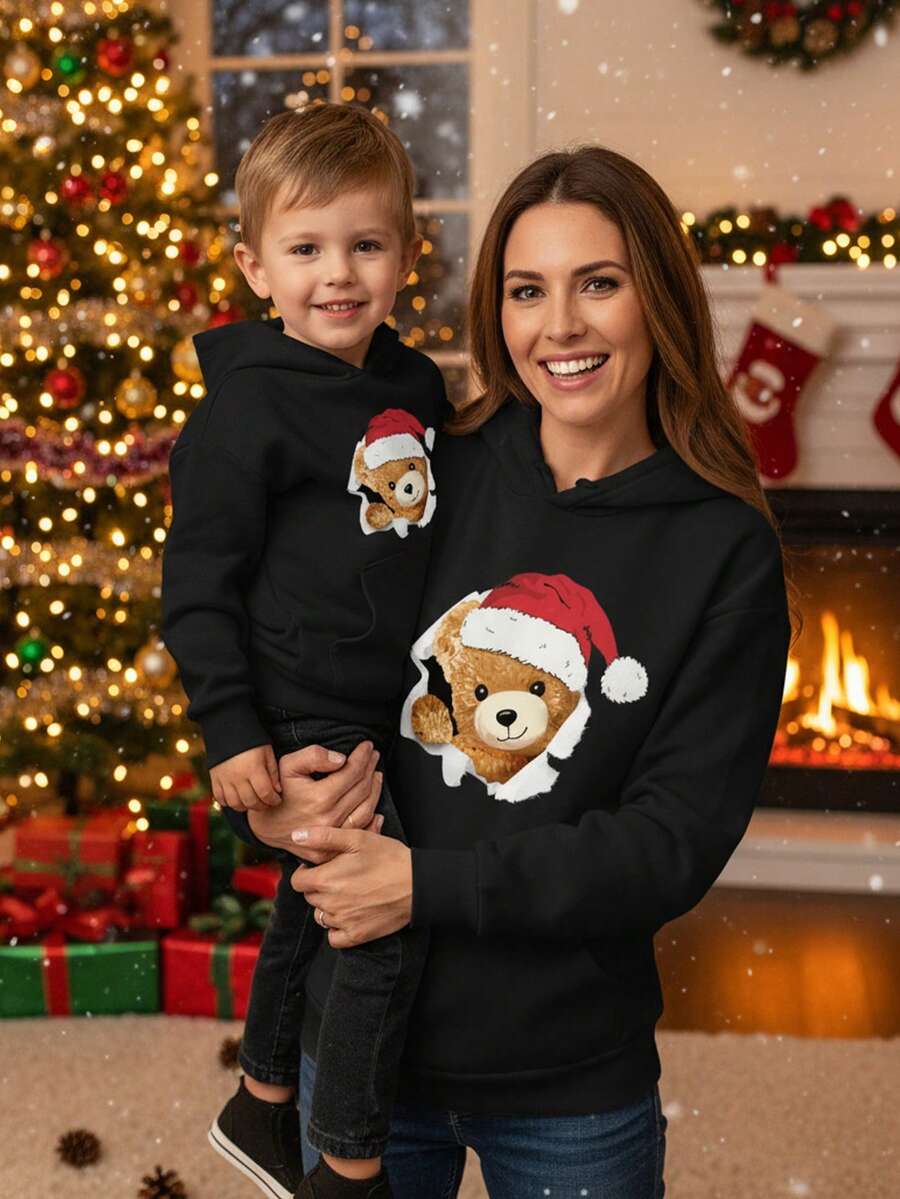 SHEIN EZwear 圣诞熊图案印花圣诞帽宽松加厚连帽长袖女式卫衣 - 黑色 - 查看 1