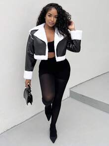 Alexandranx Teddy Lined Crop PU Leather Jacket In Fall/Winter - Black - View 1