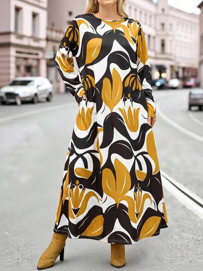 Plus Size Women's Fall/Winter Street Fashion  Casual Vacation Floral Print Color Block Long Sleeve Round Neck Long Dress With Pockets,Autumn/Winter,Plus Size Winter Clothes, Christmas Outfit For Women ,New Year Clothes,Going Out Outfits,2025 New Clothes,Simple And Fashionable For Everyday Wear,Dresses Casual,Flowy Dress,Winter  Dress