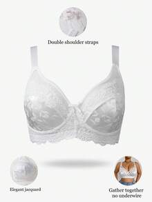 DesireSculpt 1pc Plus Size Lace Patchwork Wireless Bra - White - View 3