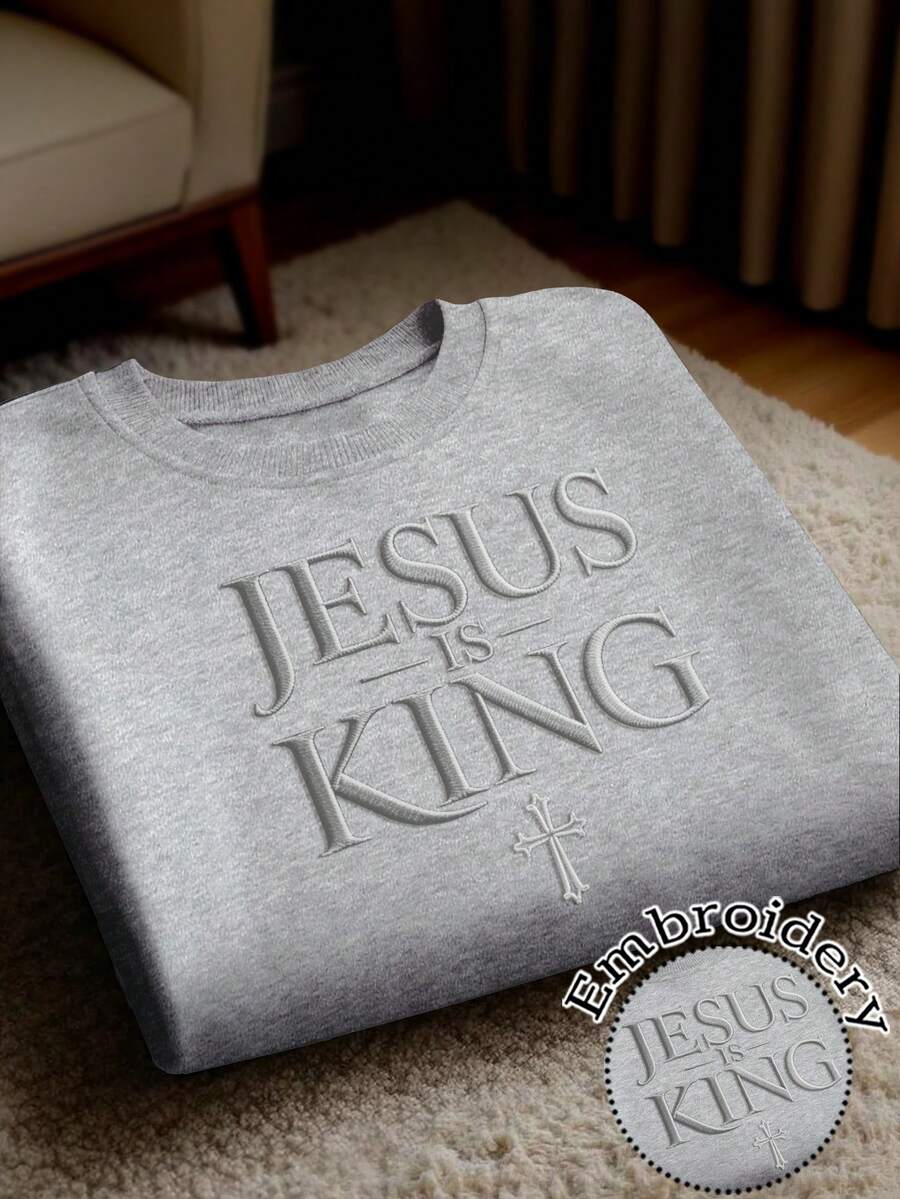 INAWLY Women's Slogan Embroidered Crew Neck Dropped Shoulder Long Sleeve Casual Loose Sweatshirt - Light Grey - View 1
