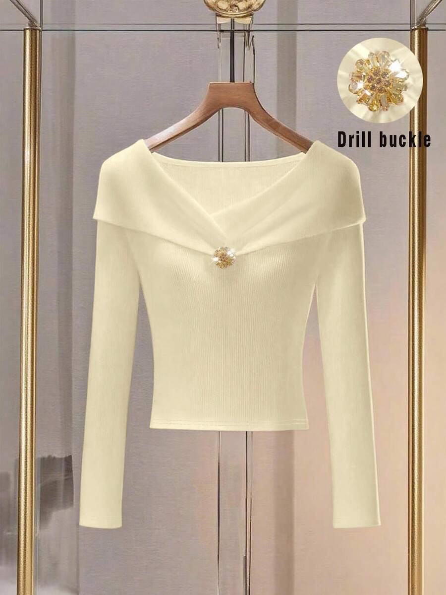 Franclia Áo hai dây dệt kim cổ chữ V kiểu Pháp thanh lịch dành cho nữ, tay dài, đa năng, thời trang thu đông - Màu be - Xem 1