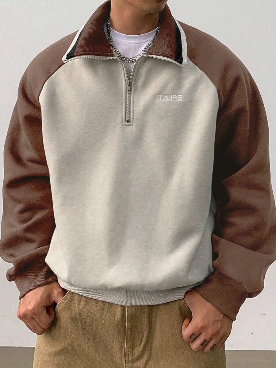 DAZY Men's Autumn/Winter Zip-Up Contrast Color Patchwork Pullover Pullover Sweatshirt Sweatshirt - Coffee Brown - View 1