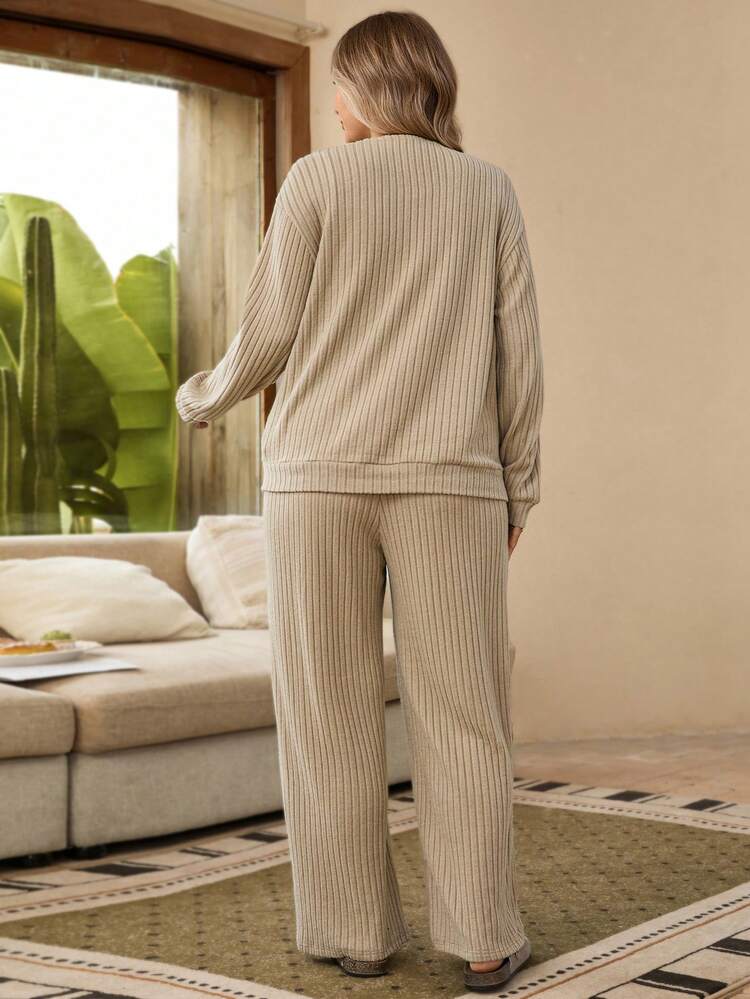 Plus Size Solid Color Drop Shoulder Long Sleeve Ribbed 3 Pieces Set Winter Outfit For Women Christmas Outfit For Women New Year Clothes Blouse And Pants Set Two Piece Set Women Comfy Lounge Sets Woman Valentine's Day, Mother Clothing, Comfortable And Casual Beach Outfit Spring Break Outfits  Holiday Outfits For Women