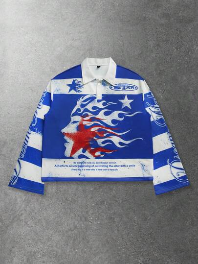 Street Life Men's Printed Long Sleeve Punk Striped Polo Collar T-Shirt, Casual College Style Top