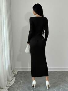 Islaluna Hollow Out Sexy Fitted Solid Color Fashionable Long Sleeve Dress Black Cut Out Dress Hollow Out Dress Black Sexy Dress Women - Black - View 2