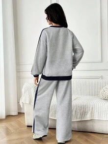 2件套少女休闲运动家居服套装，包括卫衣和阔腿运动裤，撞色宽松圆领长袖连帽衫和裤子，返校套装，灰色和藏蓝色 - 灰色 - 查看 2
