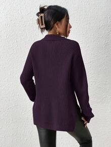 SHEIN Frenchy Sweater Wanita Model Bahu Jatuh dengan Resleting Setengah, Cocok untuk Musim Gugur/Dingin, Natal, dan Gaya Kasual, - Red Violet - View 2