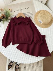 SHEIN 女童纯色彼得潘领休闲毛衣套装，秋冬季 - 酒紅色 - 查看 8