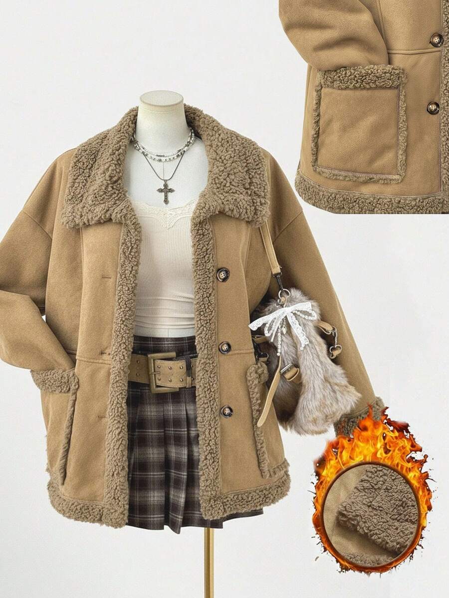 Sweetra 大码新款优雅小鹿图案保暖双面长袖短外套，加厚双面穿，中长款，冬季保暖外套 - 卡其色 - 查看 1