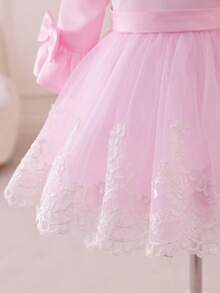 Glamorique Kids 女童网纱缎面长袖连衣裙，刺绣蕾丝露背，大蝴蝶结，适合女婴表演派对、婚礼花童等场合。 - 粉色 - 查看 6