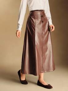 Chiquease Women's Elegant Brown PU Leather A-Line Skirt,Shades Of Brown Autumn Winter Christmas Halloween Party Office Skirt,Fashion Zipper Casual Skirt - Brown - View 5
