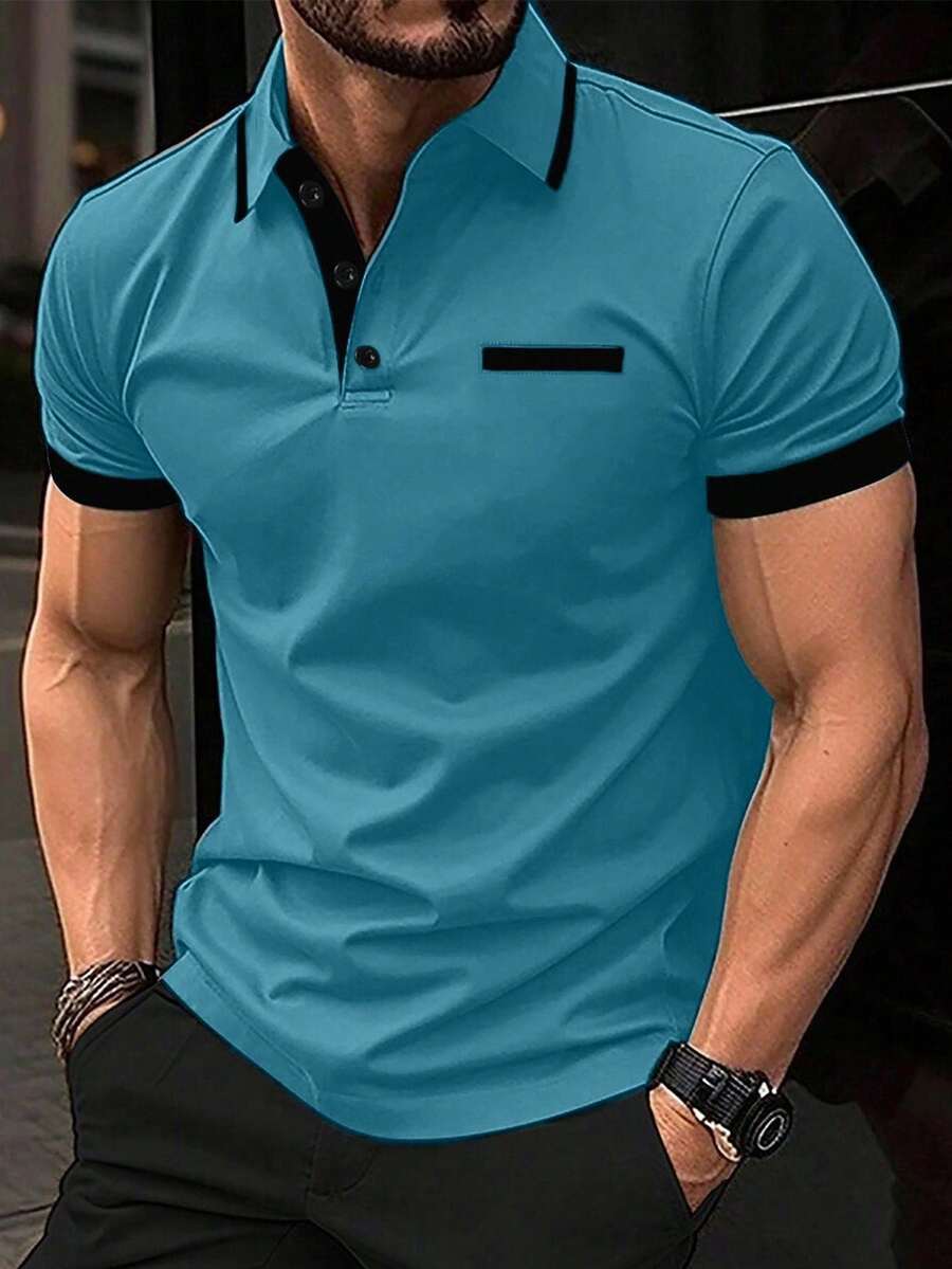 Manfinity Homme 男士撞色短袖休闲通勤 Polo 衫 - 霧霾藍 - 查看 1