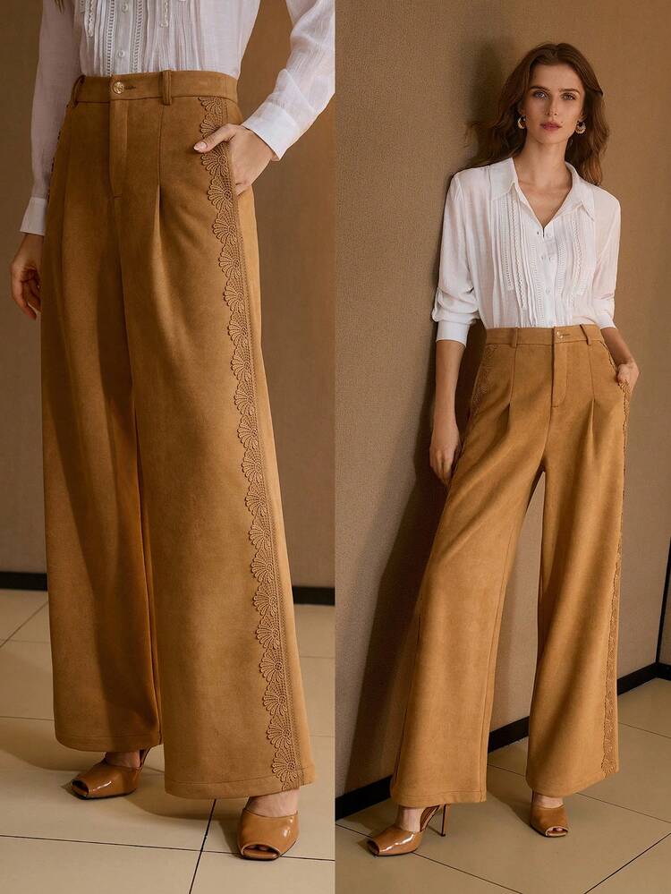Pantalones rectos elegantes para el trabajo con parches de unicolor de gamuza y adorno floral para mujeres