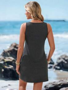 Sylviya 女士U领字母印花休闲舒适无袖连衣裙，夏季 - 灰色 - 查看 2