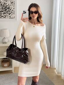 Easowa Beige,Automne,Élégant,Robe pull tricotée asymétrique à l'épaule ajustée pour brunch pour femmes,Tenue de réveillon du Nouvel An et de Noël blanche - Nude - Voir 3