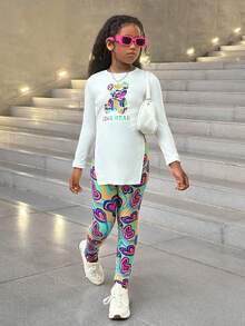 SHEIN Vibrant Long Sleeve Co-Ords For Tween Girls With Fun Letter Print And Colorful Patterns Tween Leggings Set Tween Girl Outfits Kids Long Sleeve Shirt Outfit Kids Heart Leggings Fall Winter - Multicolor - View 5