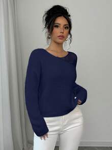 Rafferiza Femmes Couleur Unie Col Rond Épaule Tombante Manches Longues Pull Décontracté Ample, Automne/Hiver - Bleu azur - Voir 5