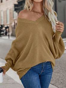 SHEIN LUNE Solid Color Batwing Sleeve V-Neck Loose Knit Pullover Sweater - Mocha Brown - View 4