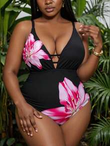 Slaydiva Plus Size Women One-Piece Floral Print Fashion Vacation Casual Slim Fit Tummy Control Adjustable Thick Strap Deep V-Neck Backless One Piece Swimsuit For Summer - Black - View 1