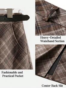 Franclia 复古风，精致棕色格子裙，2025秋冬新款女装，高腰，遮肚，A字型，贴合臀部，优雅长裙，搭配时尚黑色腰带，日常穿着，百搭，含腰带。 - 彩色 - 查看 6