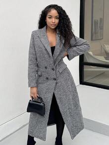 Alexandranx Women's Herringbone Pattern Lapel Collar Long Sleeve Long Overcoat, Autumn/Winter - Grey - View 1