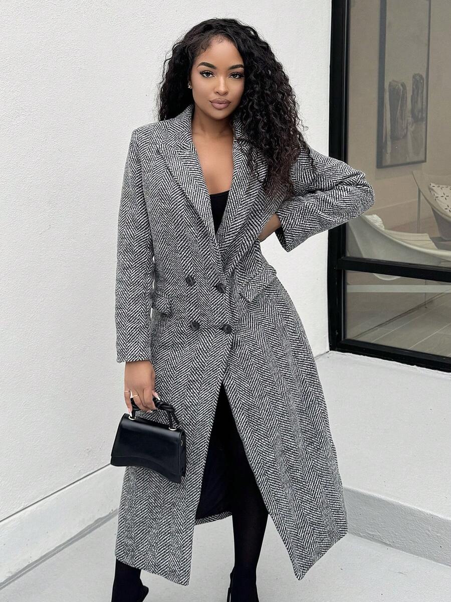 Alexandranx Women's Herringbone Pattern Lapel Collar Long Sleeve Long Overcoat, Autumn/Winter - Grey - View 1