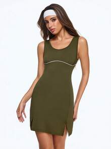 Gameset SHEIN Sport Women's Solid Color Round Neck Sleeveless Dress With Double Slits, Paired With Shorts - Army Green - View 1