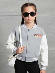 Chaqueta de béisbol universitaria para niña con estampado de dibujos animados anime kpop Rumi Mira Zoey, estilo bomber juvenil informal con botones. - Gris - Ver 2