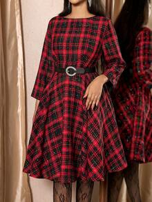 Zelara Plus Size Elegant Plaid Tweed Midi Dress For Women,Black And Red Autumn Sparkly Long Party Dresses,Tea Party Graduation,Christmas New Year Outfit - Multicolor - View 8