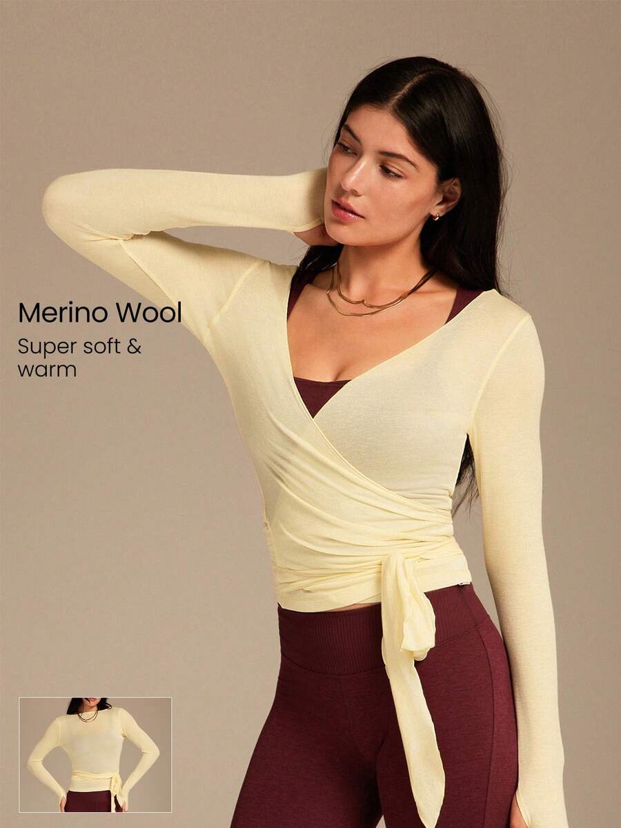 GLOWMODE 天丝羊毛弹性羽绒柔软温暖舒适双面系腰臀长袖 V 领裹身上衣秋冬瑜伽普拉提工作室日常休闲装 - French Vanilla - 查看 1