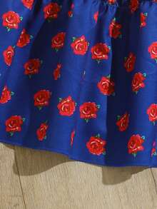 Young Girl Lantern Girl Print T-Shirt & Colorful Rose Print Patchwork Skirt 2 Pieces Set, Suitable For Daily, Vacation, Outing And Formal Occasions Young Girls - Multicolor - View 7