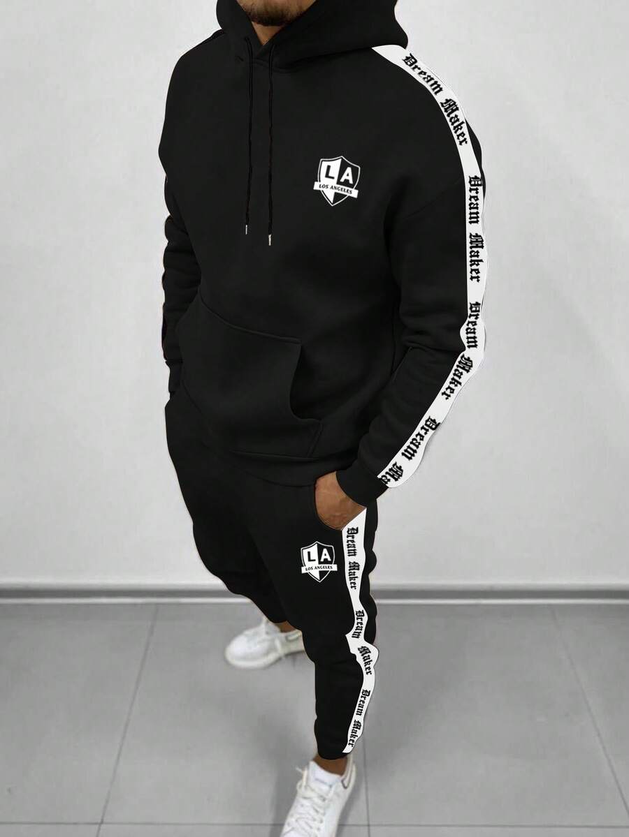 Manfinity Homme 男士字母印花抽绳连帽衫和运动裤套装，运动服，都市风格，撞色设计，字母图案男士两件套运动服