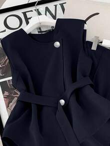 GlowEve Solid Color Sleeveless Elegant Fashion Camisole And Pants Set - Navy Blue - View 5
