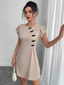 Chiquease 复古中国风纽扣装饰盖袖短裙 - 杏色 - 查看 6