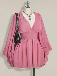 SHEIN ICON Plus Size Pink V-Neck Ruched Waist A-Line Dress With Flare Sleeves,Boho,Hippie,Y2K Style,Summer Holiday,Nomadic Vibe,Music Festivals & Back To School - Baby Pink - View 4
