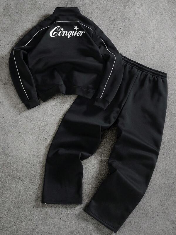 PAVTROS Conjunto de chaqueta de manga larga con estampado simple y pantalones para hombre, conjunto de 2 piezas de pantalones para hombre, conjunto de 2 piezas de ropa para hombre, pantalones de chándal, conjunto de jogger para hombre, conjunto de 2 piezas negro para hombre, conjunto de 2 piezas para hombre