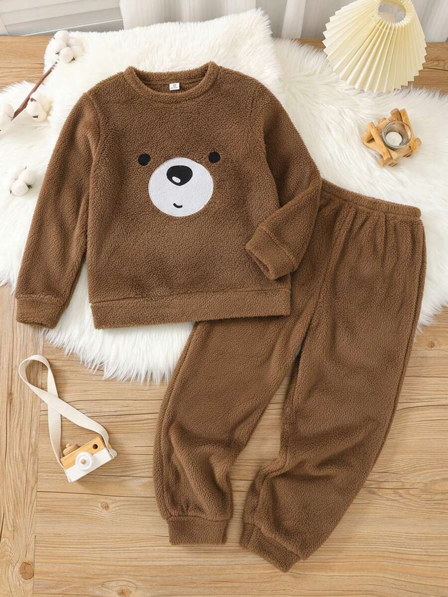 SHEIN 2pcs Tween Boy Cartoon Pattern Embroidered Crew Neck Long Sleeve Top And Drawstring Pants Fleece Pajama Set, Suitable For Christmas, Thanksgiving, Winter - Khaki - View 1