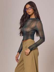 MUSERA 格子印花网纱长袖修身上衣，适合秋季、乡村风、可爱舒适假日以及春夏穿着。 - 彩色 - 查看 3