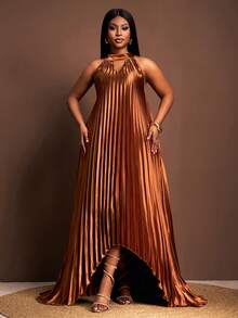 Slaydiva 2026秋冬大码女装连衣裙，优雅缎面褶皱高领镂空A字中长连衣裙，适合乡村音乐会、婚礼、约会、派对、正式场合及情人节穿着 - 棕色 - 查看 3