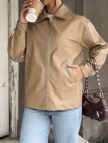 SHEIN Unity Jaket Wanita Lengan Panjang Polos Minimalis Bahan PU untuk Sehari-hari - Khaki - View 4