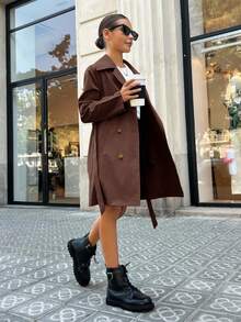 SHEIN Tween Girl Lapel Double-Breasted Tie-Waist Pockets Casual Trench Coat, With Pockets, Tie Belt, Casual Collegiate Style, Suitable For Daily Wear, Commuting Brown Coat - Brown - View 3