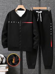 SHEIN 巴黎字母图案彩色条纹印花飞行员夹克搭配弹力腰带束脚裤两件套，适合春秋季休闲户外日常穿着，也适合生日派对、晚宴、演出、婚礼、洗礼、开幕式等场合。日常穿着舒适，适合上学、旅行、运动，尤其适合秋冬季节。 - 黑色 - 查看 4