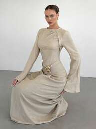 Siren Gaze Damklänning med enfärgad, vriden detalj framtill, metallspänne och utsvängd långärmad, damklänning för bröllopsgäster, damklänning för vinter