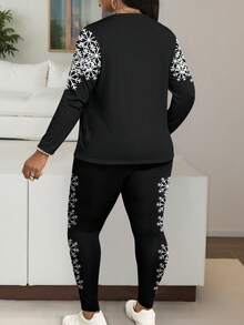 Maweii 2pcs Women Christmas Snowman & Snowflake Print Crew Neck Long Sleeve Top And Slim Fit Pants Set - Black - View 2