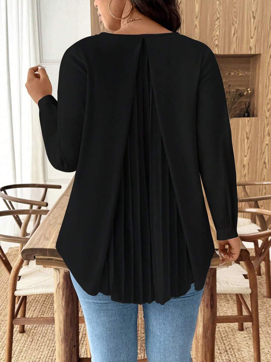 SHEIN Clasi Plus Size Women White Pleated Back Splice Long Sleeve Casual Elegant Loose Blouse, Suitable For Autumn/Winter - Black - View 1