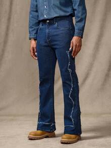 RivetRise Quần jeans ống loe tua rua phong cách phương Tây cổ điển dành cho nam - Rửa tối - Xem 7