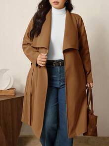 SHEIN LUNE Plus Size Solid Color Minimalist Long Sleeve Woolen Sweater, Everyday Wear/Winter - Brown - View 10
